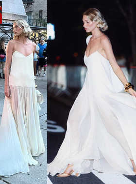 2024春款吊带连衣裙白色薄纱晚礼服飘逸大摆西米亚风情宽松女