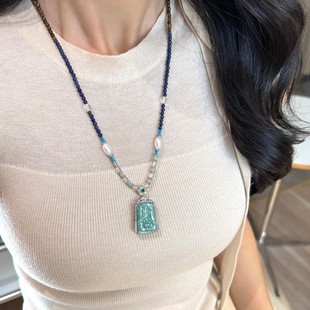 蓝翡翠无事牌仿珍珠白水晶项链女款 新款 轻奢高级感精致百搭锁骨链