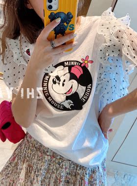 小波点雪纺公主袖米奇T恤女