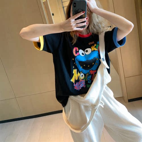 领子袖口彩色撞色短袖黑T恤