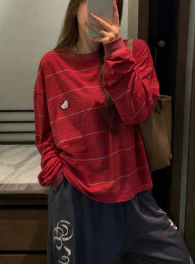慵懒风复古红条纹长袖T恤女宽松