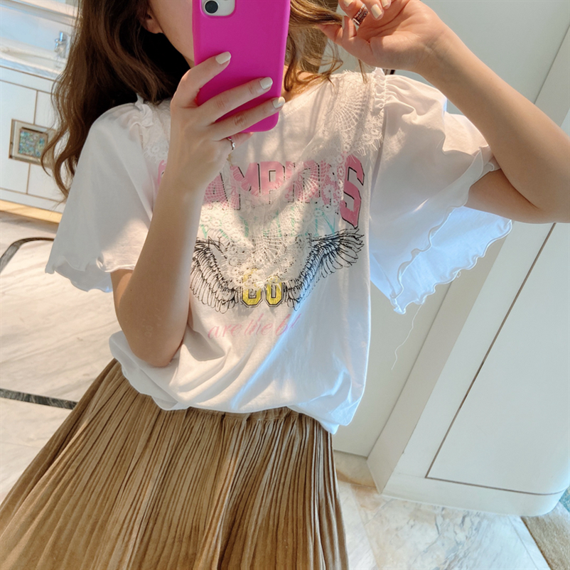 蕾丝拼接天使翅膀字母白色T恤女图片