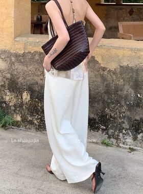 LS述致 高腰白色休闲阔腿裤25夏新款垂感慵懒风直筒薄款长裤81266