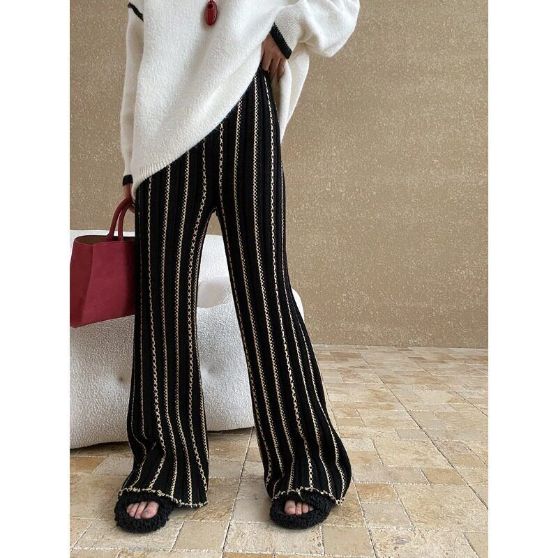 司南 小众设计师款 复古刺绣条纹肌理松紧高腰针织阔腿裤 SN6757