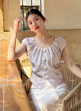 LS 法式甜美纯色玫瑰纽扣小衫 广州十三行2025夏季新品女装60955#