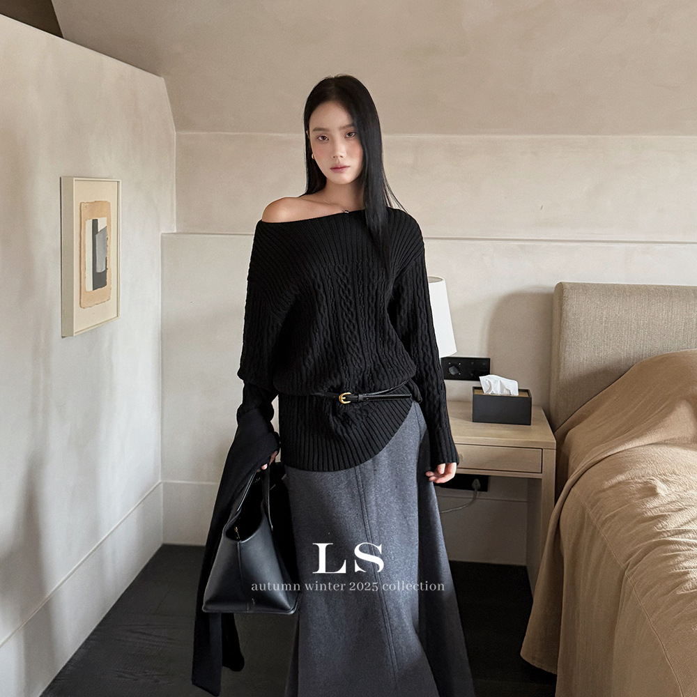 【LS新品牌】黑标极简大牌 秋冬上新极简纯色宽松斜肩毛衣55777#