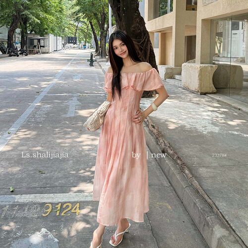 LS 甜美晕染一字肩修身连衣裙广州十三行2026夏季新款长裙23378#