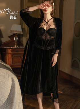 瑰若纯色长款性感丝绒保暖镂空聚拢胸垫睡裙外袍家居服套装P2994