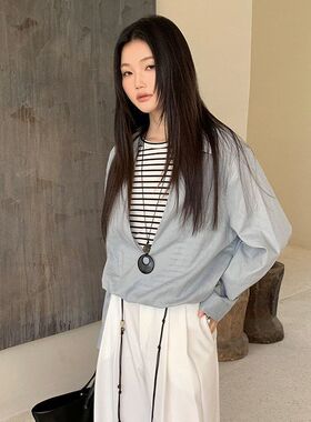 FONE简禾2025春休闲百搭假两件条纹背心拼接深V领棉麻衬衫女29175