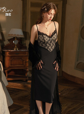 瑰若法式性感深V蕾丝拼接聚拢加胸垫丝滑吊睡裙外袍家居套装J3396