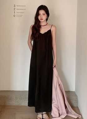 FONE简禾2025春季新款法式优雅光泽感宽松缎面V领吊带连衣裙29099