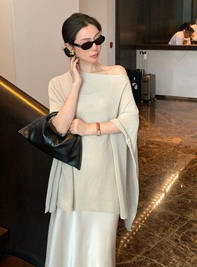 秀熙熙春季宽松遮肉长袖斜领针织衫女上衣oversize防晒罩衫25227