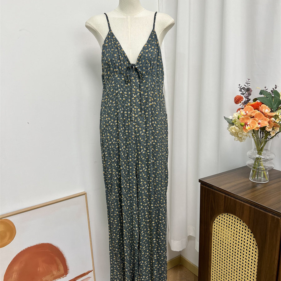 小俞家 美式田园风100%棉小黄花碎花吊带宽松女士休闲连体长裤夏