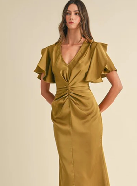 小俞家 性感纯欲风V领蝴蝶袖褶皱收腰缎面连衣裙优雅气质礼服长裙