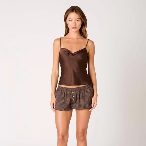 小俞家 贵牌NI* 咖色米色打结露肩修身显瘦吊带衫性感缎面内搭夏