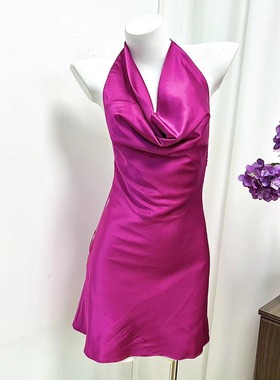 小俞家 contton cand*性感纯欲风双色荡领露背缎面连衣裙修身显瘦