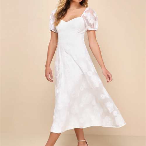 小俞家 lulu*家纯白立体花短袖高品质提花时尚显瘦年会优雅长裙