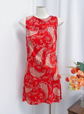 小俞家 baile* ros* 性感纯欲风红色腰果花缎面露背荡腰连衣裙夏