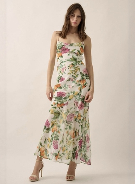 小俞家 prome*家花花吊带荡领长裙露背绑带连衣裙度假收腰性感