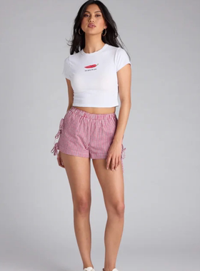 小俞家 winde* 甜美卡爱风红色格纹蝴蝶结短裤辣妹松紧腰短裤夏新