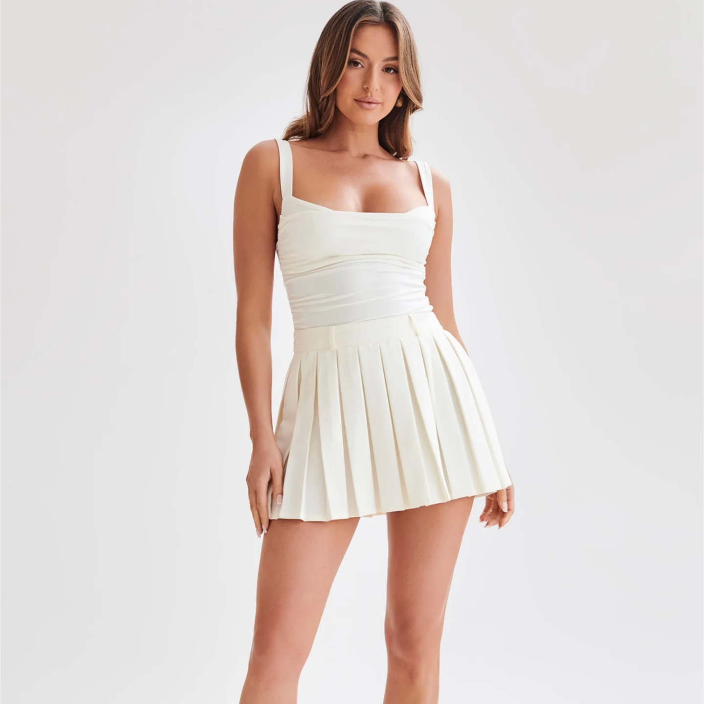 小俞家 大码福利MESHk* 外单贵牌 通勤百搭白色百褶裙减龄气质