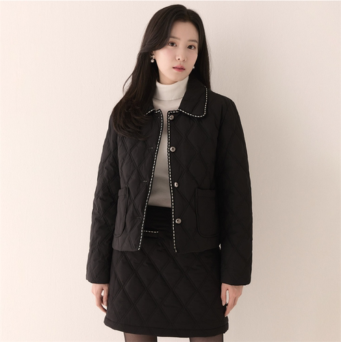 小俞家 ANNIEWEA*家黑色白边菱形棉服外套休闲宽松百搭保暖