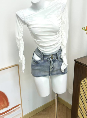 小俞家 12th trib*家白色斜肩网纱上衣收腰打底内搭欧美性感纯欲