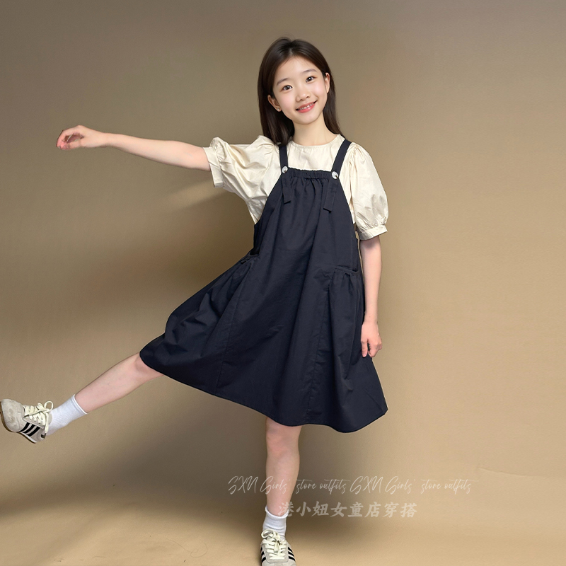 女童泡泡袖上衣背带裙套装夏季薄款韩系2025新款洋气纯棉连衣裙潮