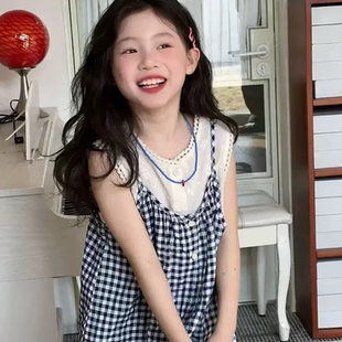 蕾丝吊带背心两件套 GXN女童甜美格子娃娃衫 无袖 上衣2025夏季 新款