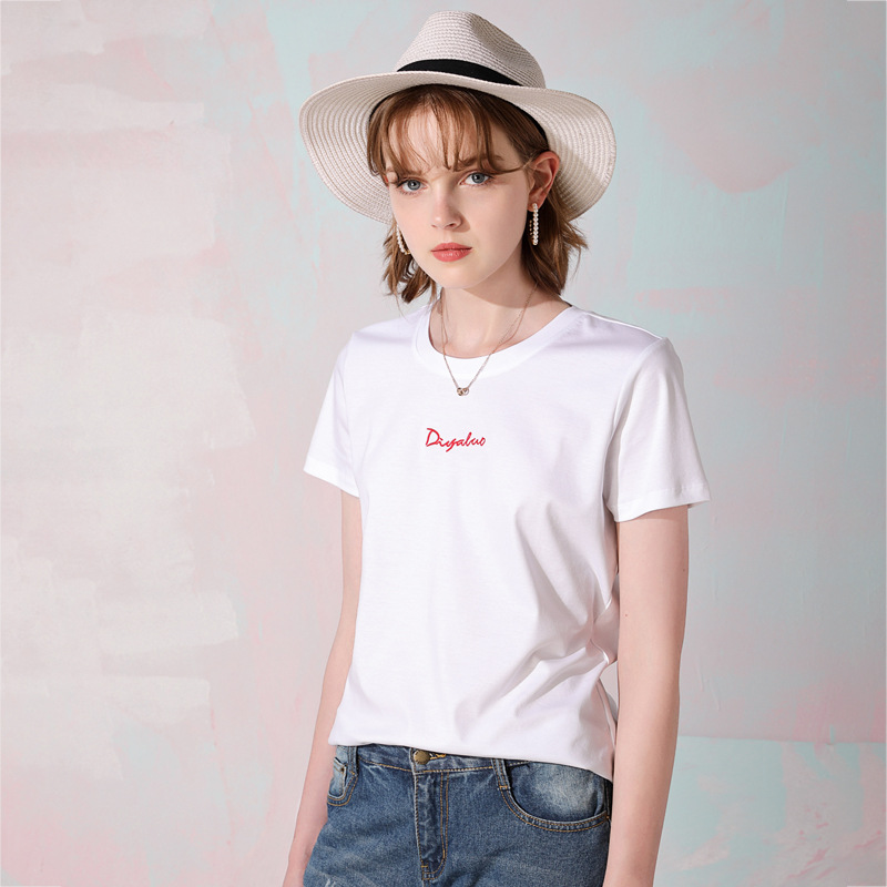 2020夏季双面丝光棉T恤女夏季宽松版字母绣花显瘦简约白色打底衫