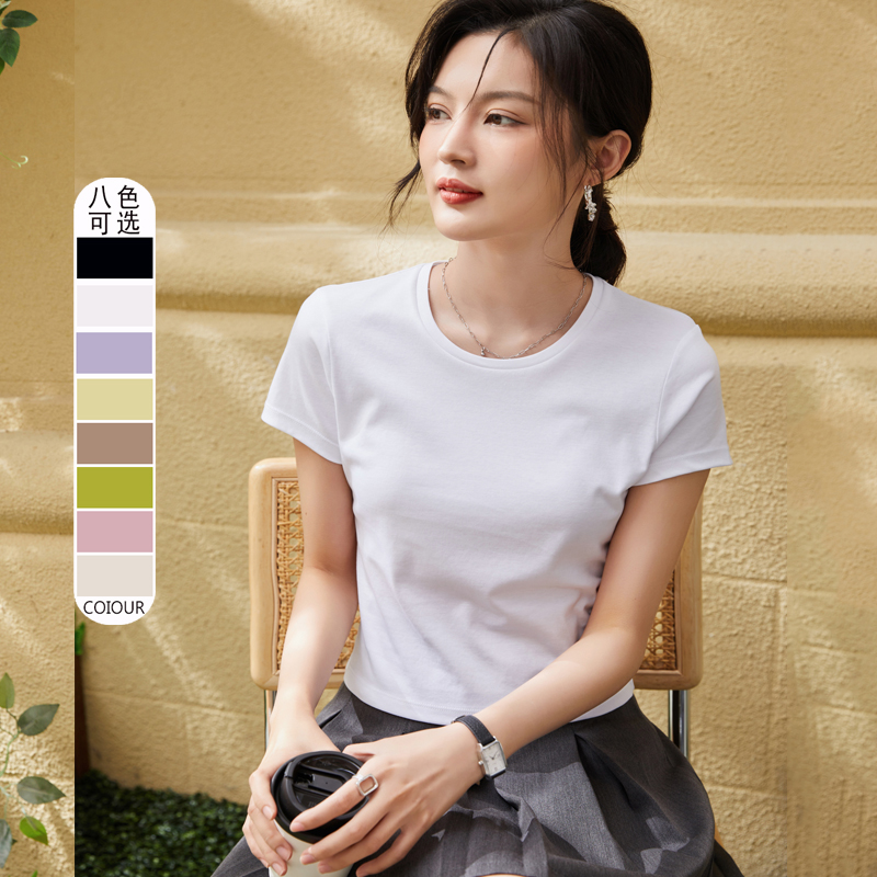 短款小圆领休闲中厚液氨丝光棉女