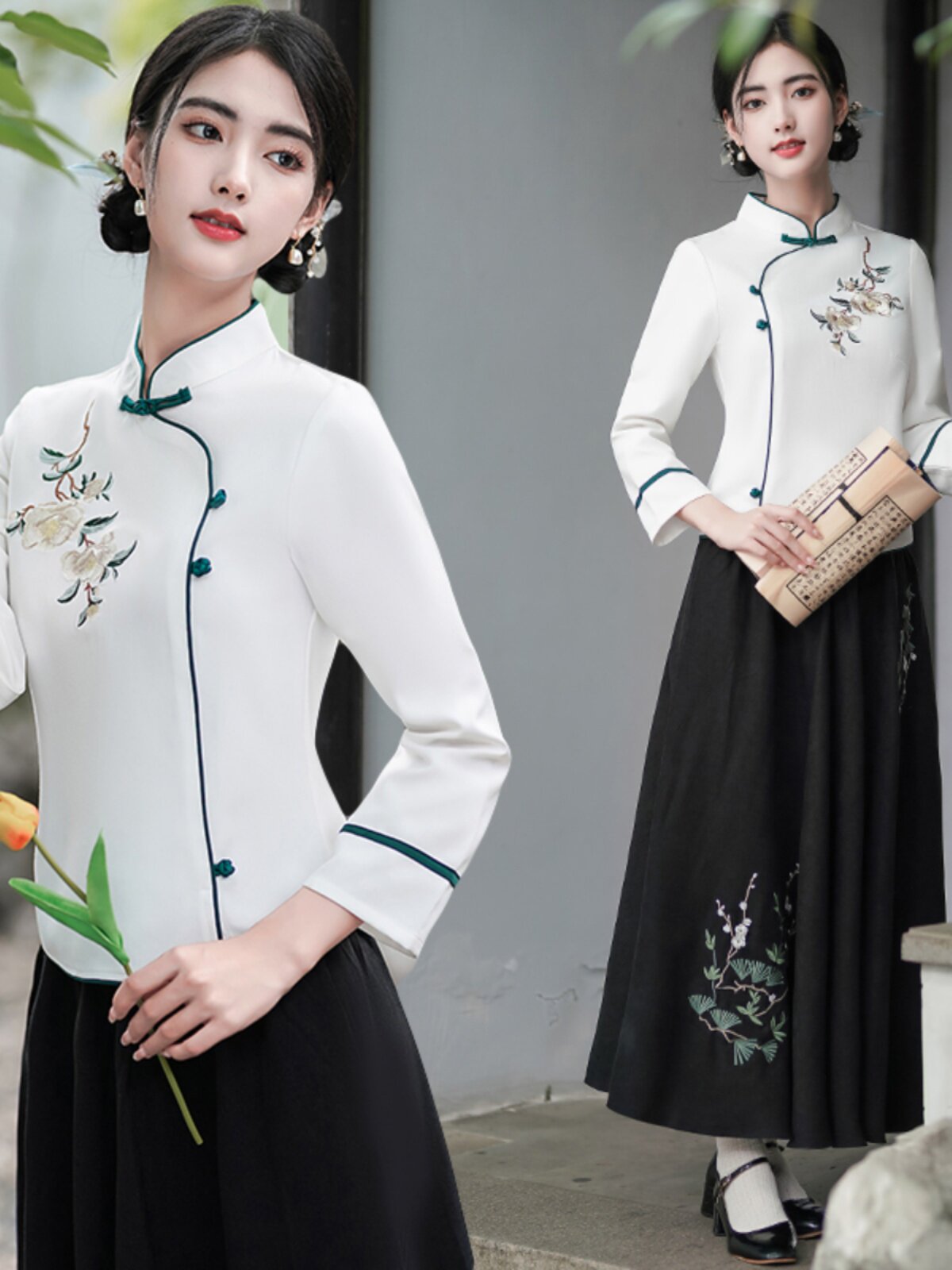 [ONE PIECE SPECIAL] NEW CHINESE STYLE REPUBLIC OF CHINA EMBROIDERED SLIM STAND-UP COLLAR TOP ELASTIC WAIST SKIRT TWO-PIECE SET
