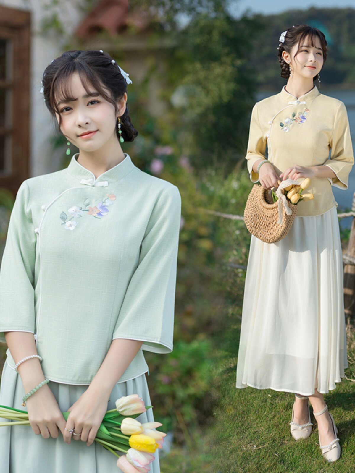 [CLEARANCE PROCESSING] RETRO REPUBLIC OF CHINA STYLE EMBROIDERY PLACKET SLIM IMPROVED CHEONGSAM COTTON LINEN CHINESE STYLE TWO-PIECE SET