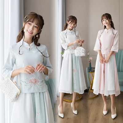 中国风改良版刺绣上衣半身裙套装