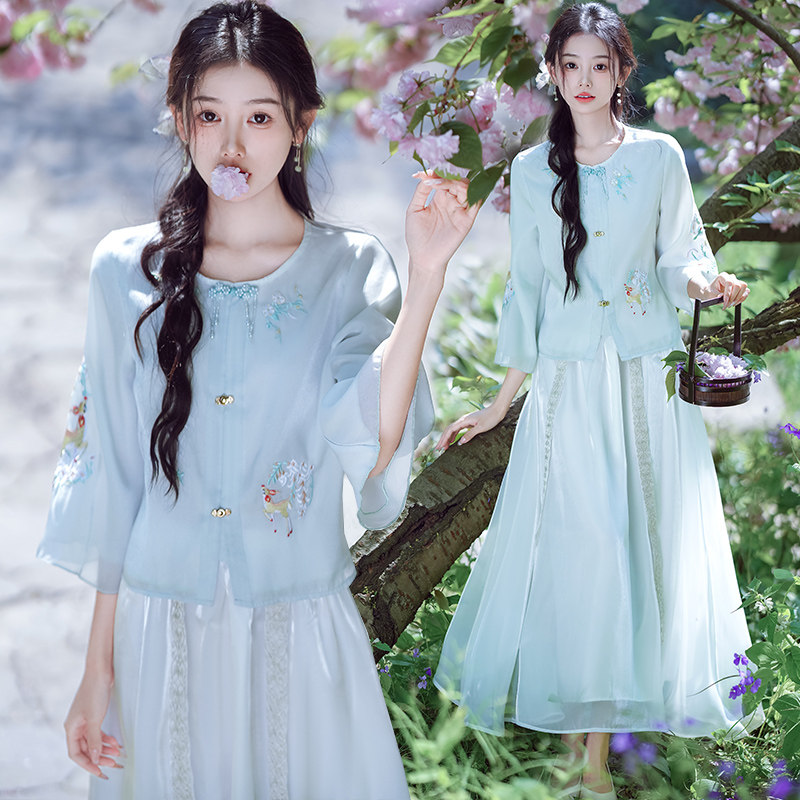 静雅阁新中式盘扣圆领女装刺绣开衫改良款汉服中袖上衣半身裙套装