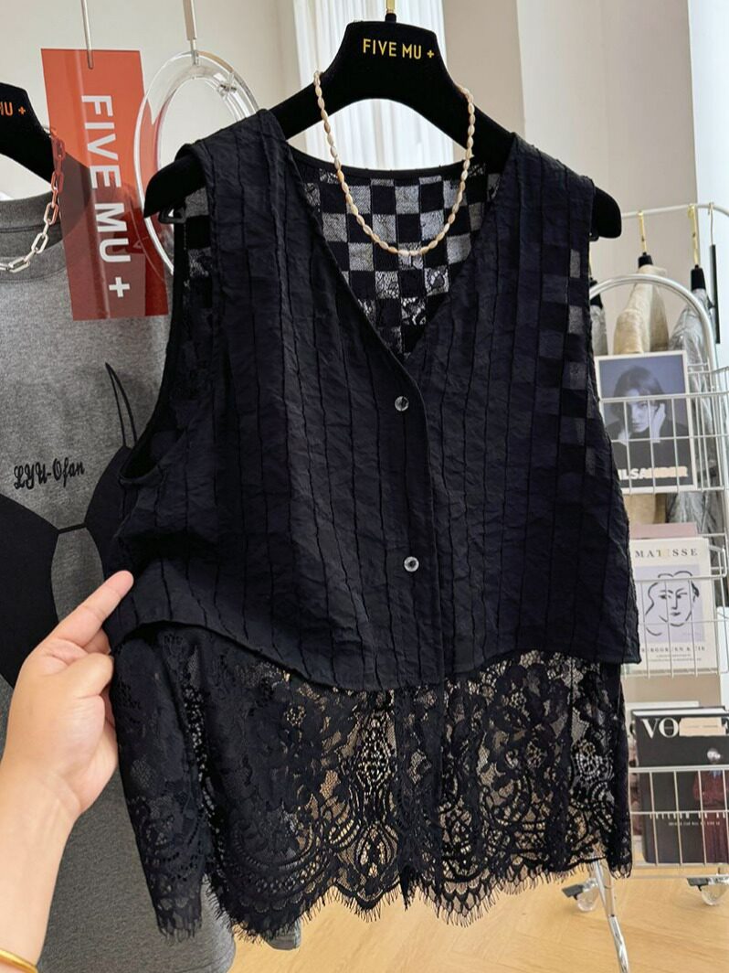 静雅阁新中式国风格纹蕾丝拼接无袖马甲背心外套夏季薄款叠穿马夹
