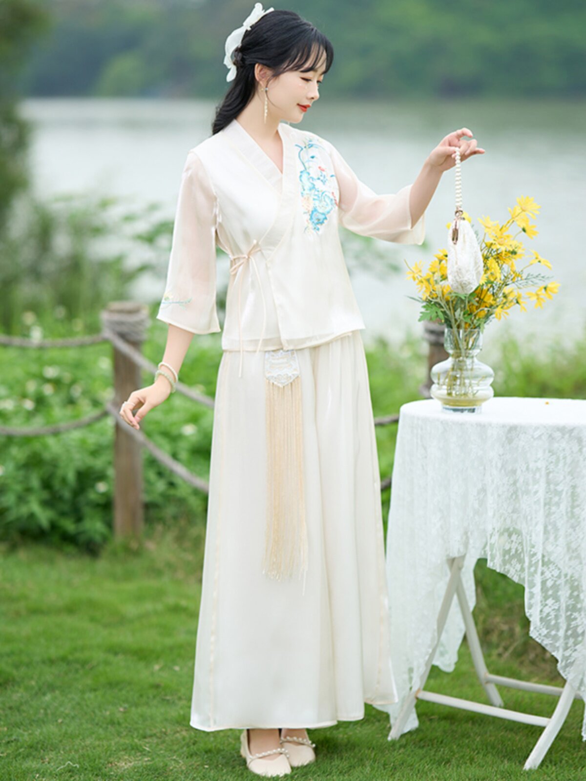 [8TH ANNIVERSARY STORE CELEBRATION] NEW CHINESE STYLE EMBROIDERY IMPROVED SWEAT ELEMENTS THREE-QUARTER SLEEVE TOP TEA DRESS CULOTTES SET