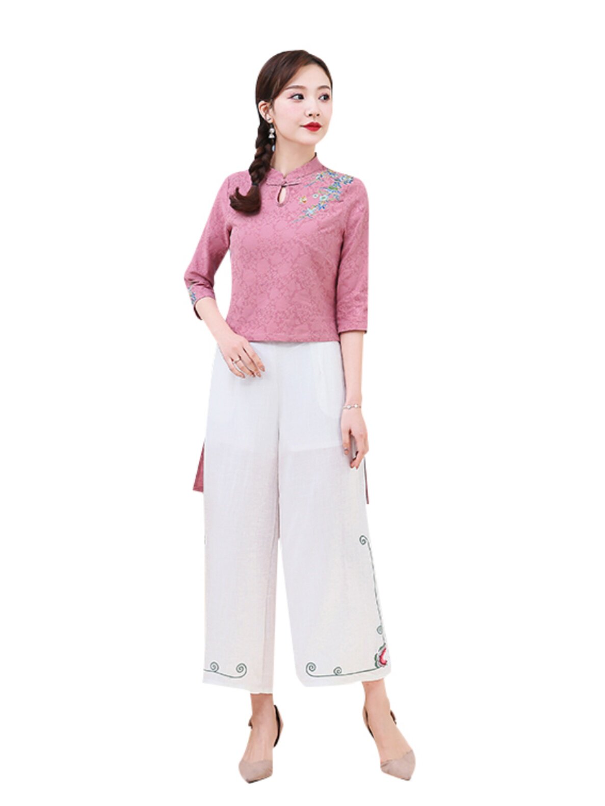 [SPECIAL CLEARANCE] ETHNIC STYLE EMBROIDERED COTTON LINEN PLATE BUCKLE STAND COLLAR IMPROVED WAIST CHINESE DESIGN SENSE SHIRT TOP