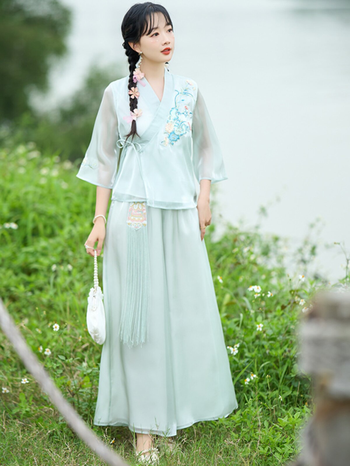 [8TH ANNIVERSARY STORE CELEBRATION] NEW CHINESE STYLE EMBROIDERY IMPROVED SWEAT ELEMENTS THREE-QUARTER SLEEVE TOP TEA DRESS CULOTTES SET