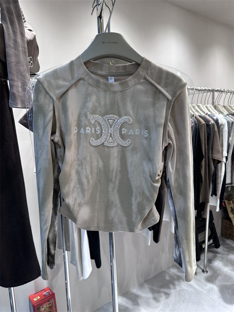 美式复古独特别致港味扎染修身短款上衣设计感小众打底衫女内搭秋