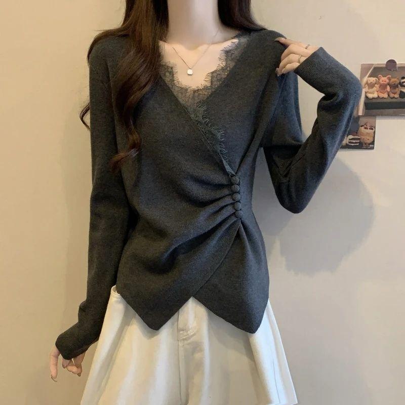 韩系设计感不规则气质侧扣蕾丝边v领2025春季新款女装上衣