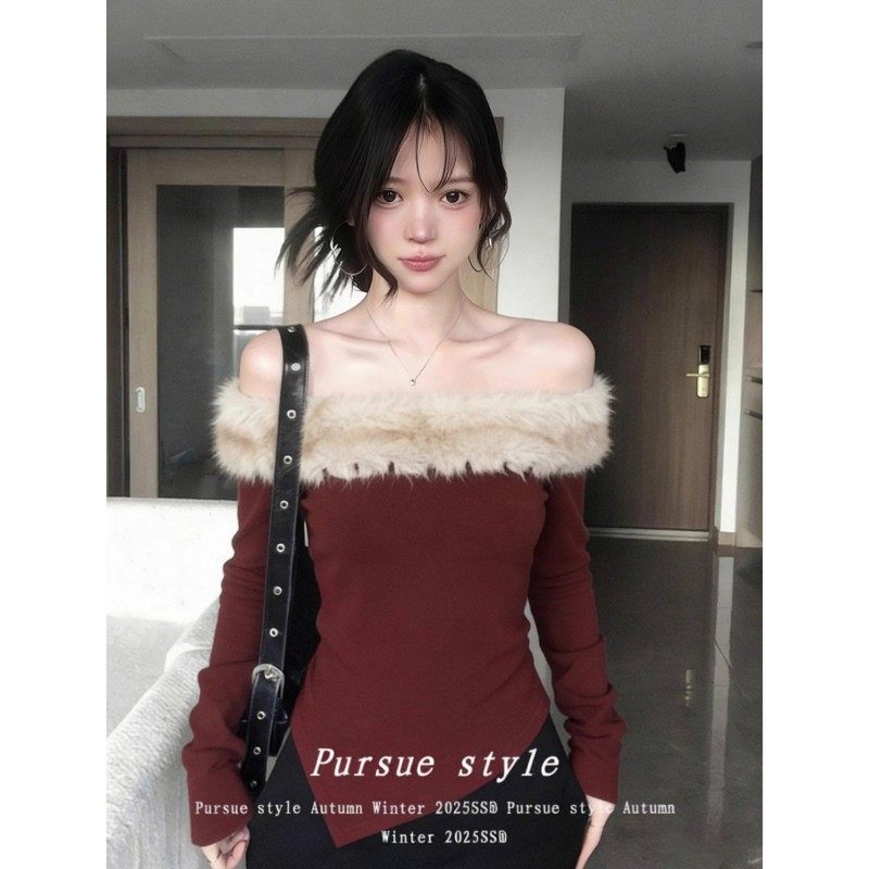 新年红色斜肩毛领长袖T恤女秋冬纯欲辣妹收腰显瘦内搭打底衫上衣,女装/女士精品,T恤,淘宝优惠券,粉丝福利购,淘宝优惠卷