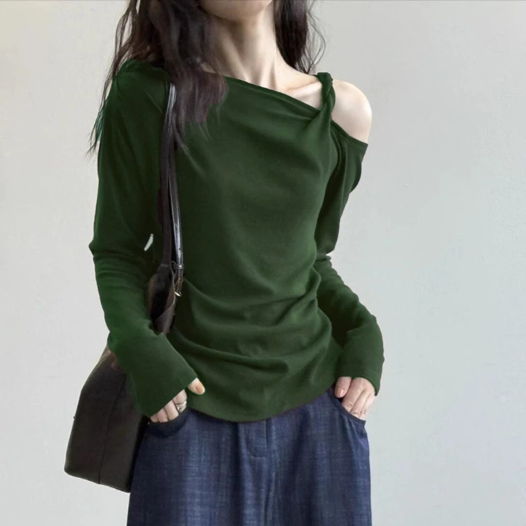 早秋韩系穿搭吊带斜肩长袖t恤女2025新款复古咖色打底衫上衣内搭
