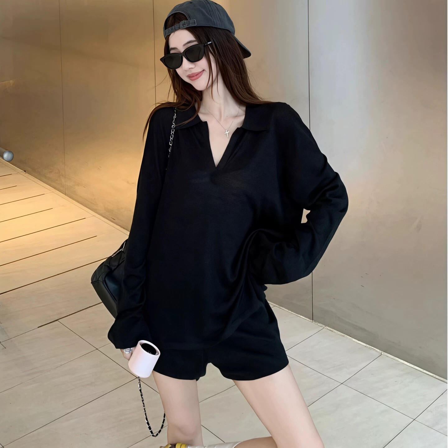 韩系ins风穿搭日常长袖罩衫polo衫显瘦T恤上衣女百搭休闲短裤套装