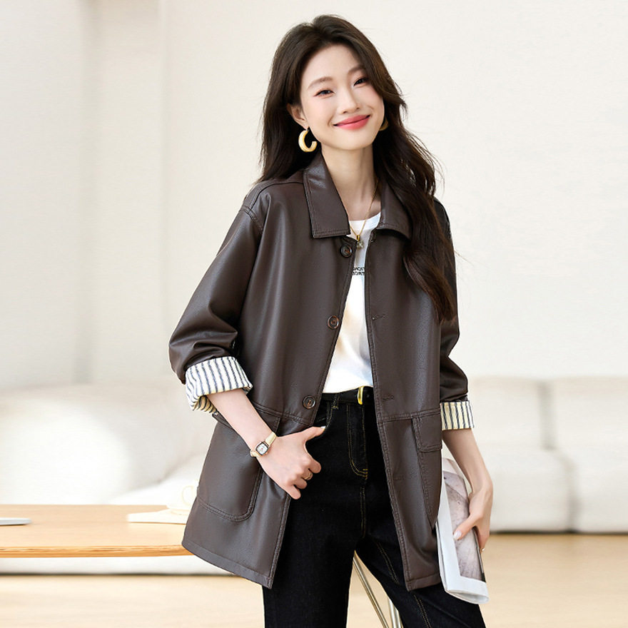 咖色翻领小个子PU皮衣外套女2025春新款韩系又A又飒时尚炸街夹克