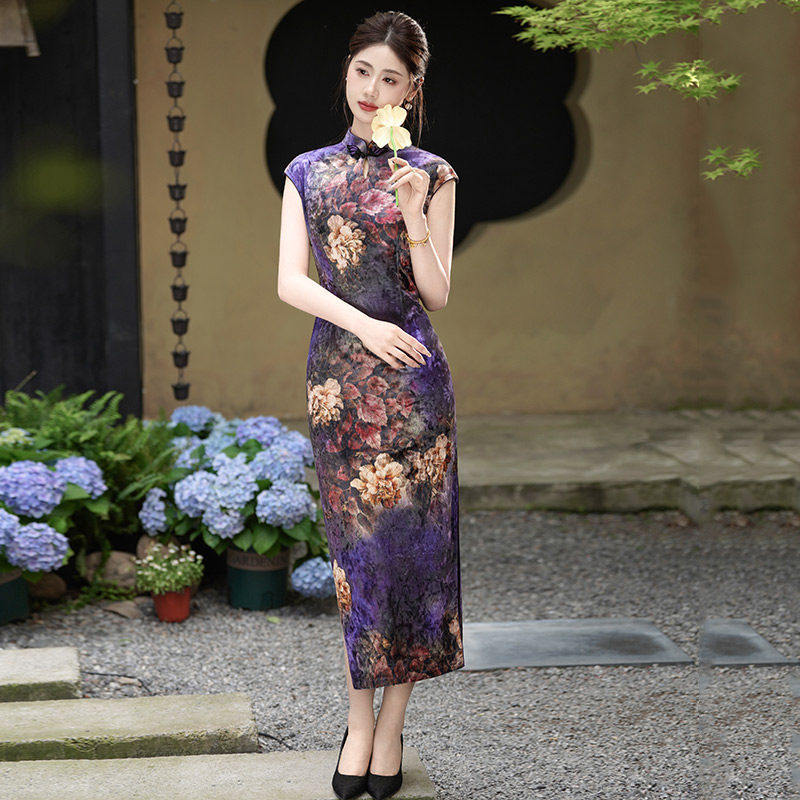 紫色水滴领新中式掐腰长款改良旗袍2026新款年轻款女上班可以穿夏