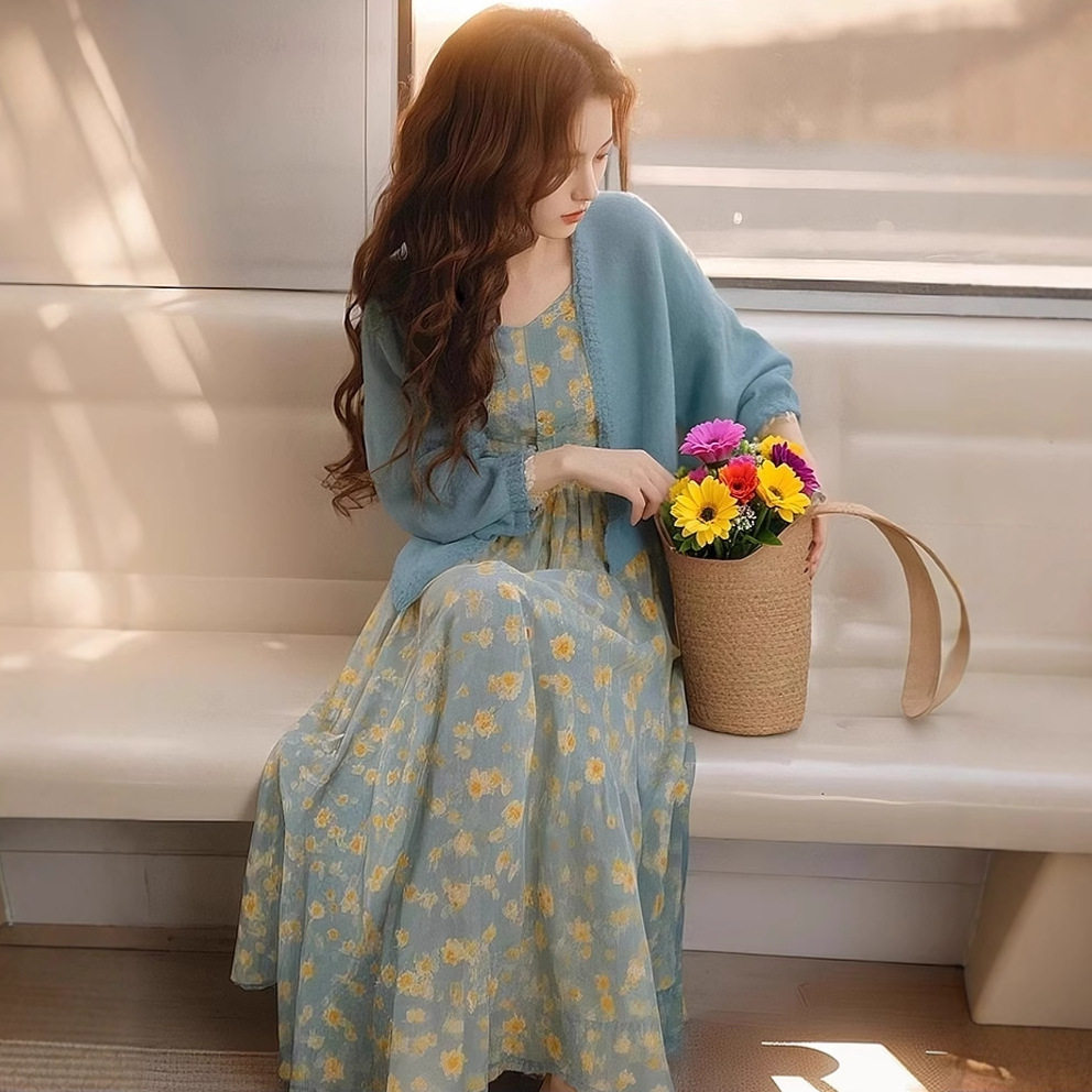 韩系穿搭蓝色碎花连衣裙套装开衫高级感气质女装2025超火新款裙子
