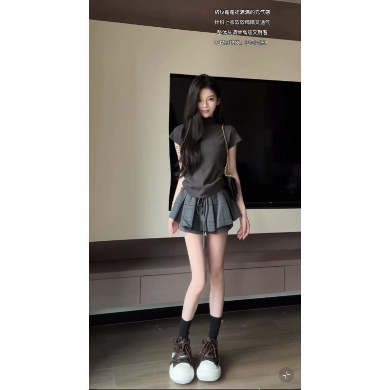 美高学院风辣妹半高领小飞袖正肩针织上衣女格纹字半裙春夏套装女