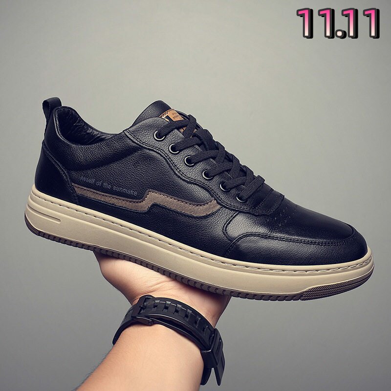 头层牛皮男鞋新款百搭男士透气休闲鞋真皮低帮平底板鞋小黑鞋潮鞋