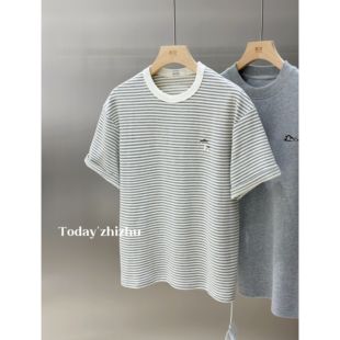 男生ins休闲复古蘑菇刺绣条纹短袖 T25228 T恤